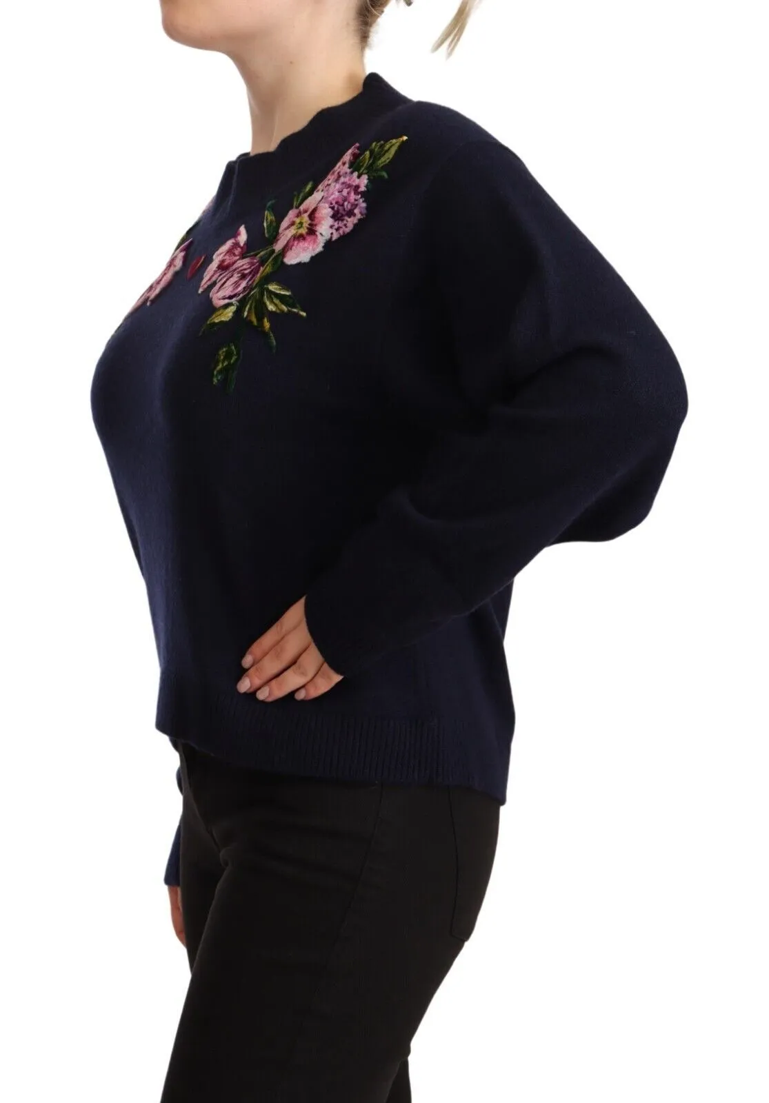 Dolce & Gabbana Women's Floral Embroidered Blue Cashmere Sweater