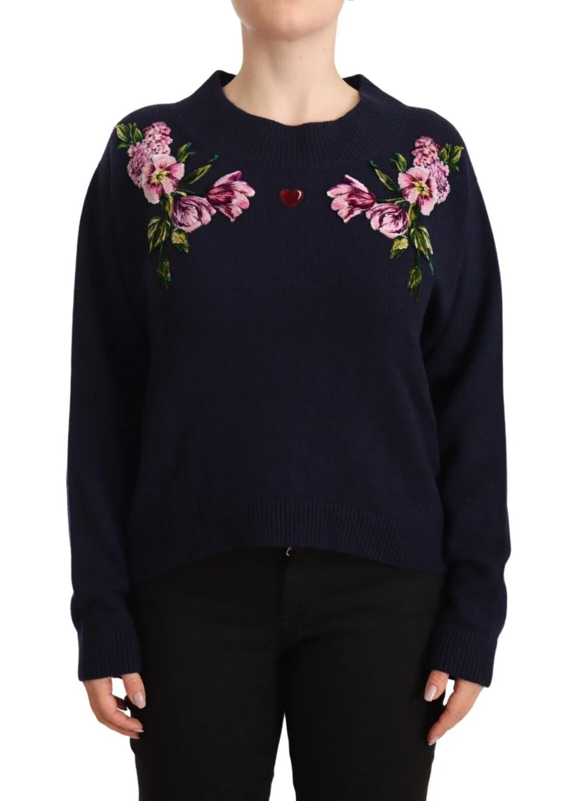 Dolce & Gabbana Women's Floral Embroidered Blue Cashmere Sweater