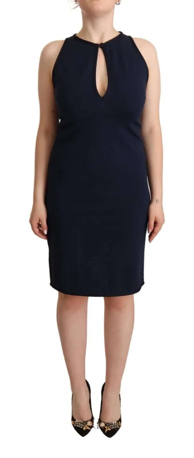 John Galliano Women's Sleeveless Navy Knee-Length Sheath Dress
