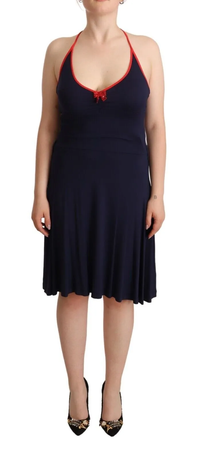 Roccobarocco Women's Navy Blue Cotton Midi Halter Dress