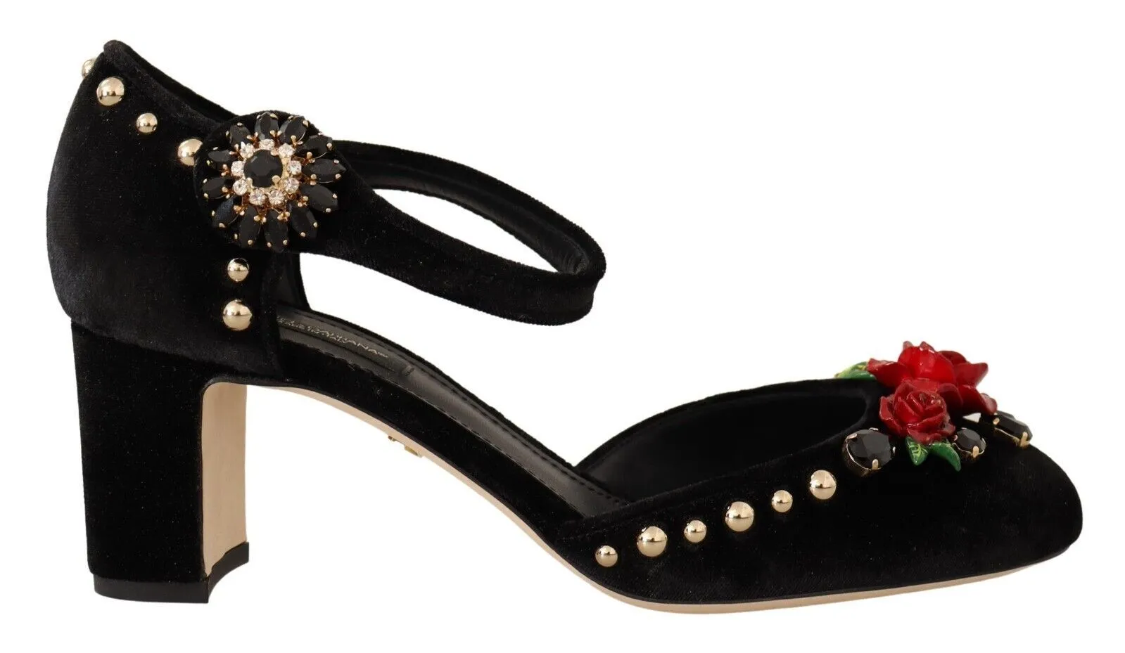 Dolce & Gabbana Women's Elegant Velvet Studded Heels with Floral Accent