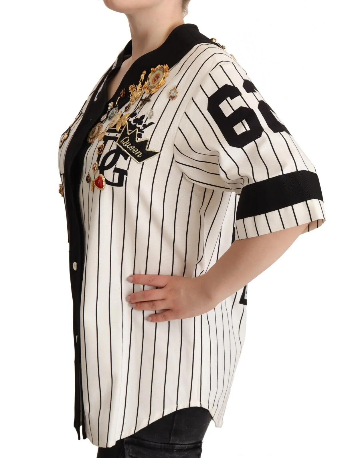 Dolce & Gabbana Women's Elegant Striped V-Neck Blouse with Charms