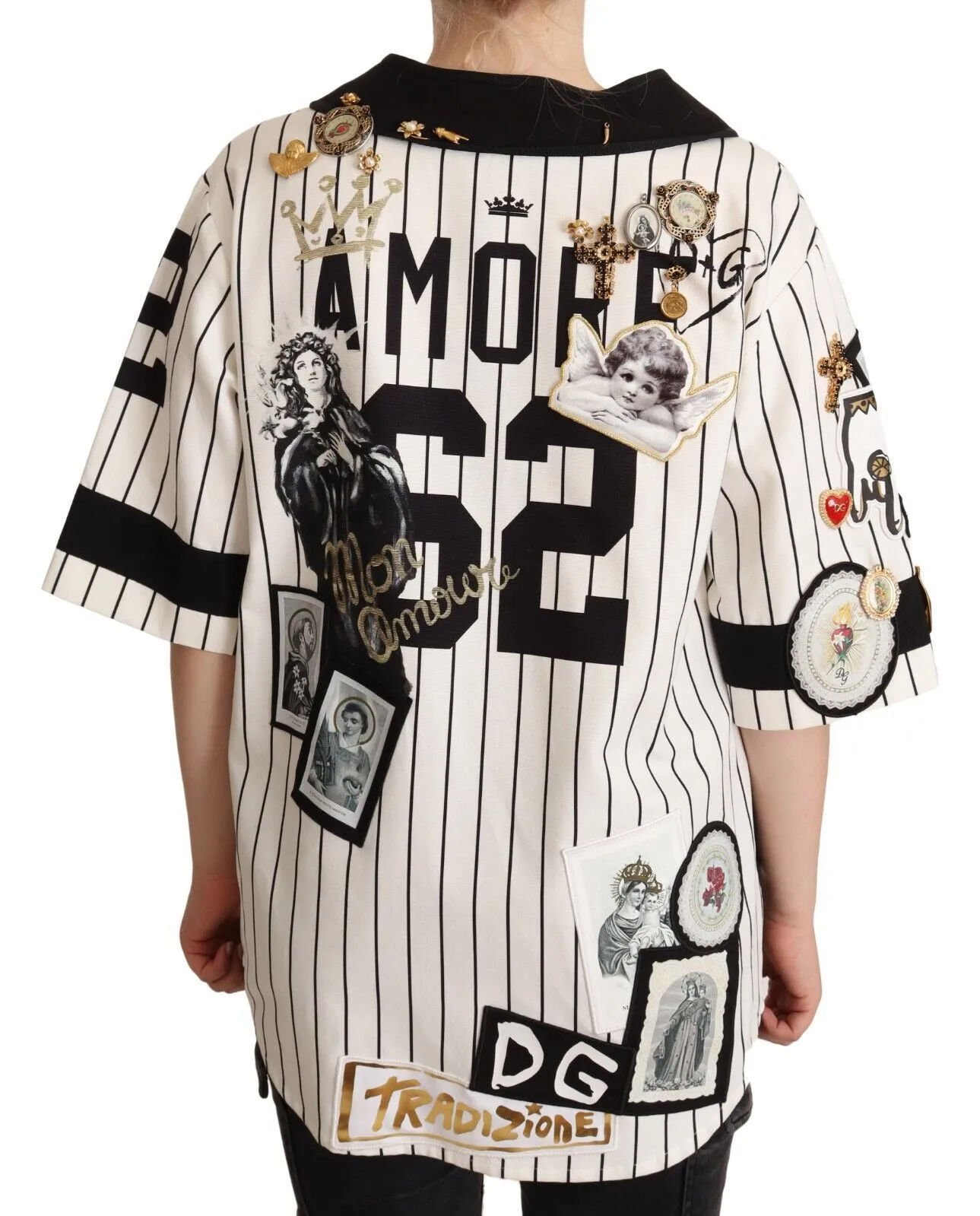 Dolce & Gabbana Women's Elegant Striped V-Neck Blouse with Charms