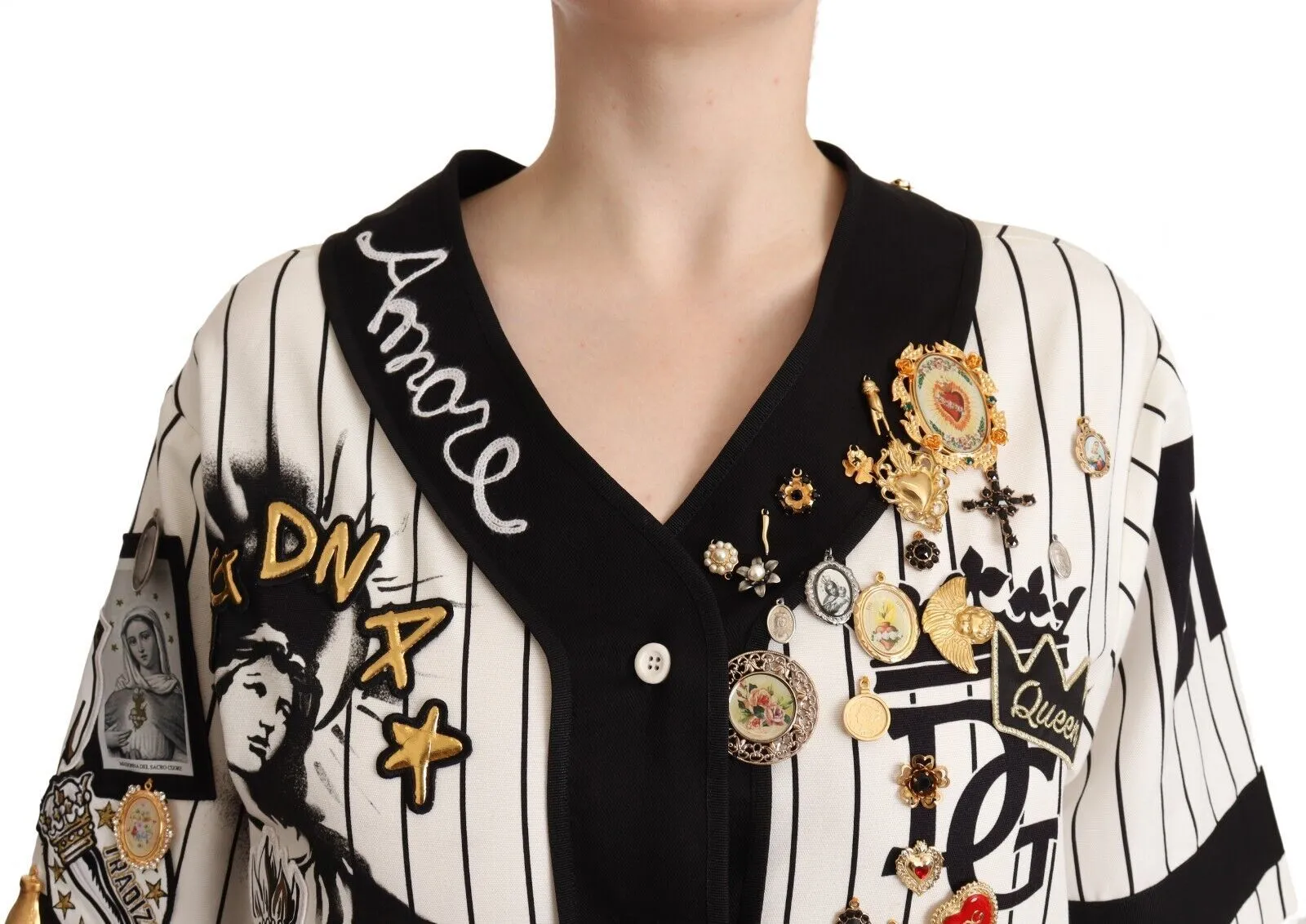 Dolce & Gabbana Women's Elegant Striped V-Neck Blouse with Charms