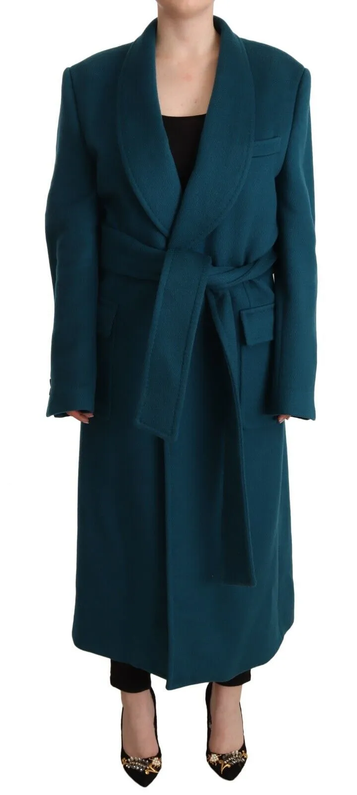 Dolce & Gabbana Women's Elegant Blue Green Wool-Anogra Wrap Coat