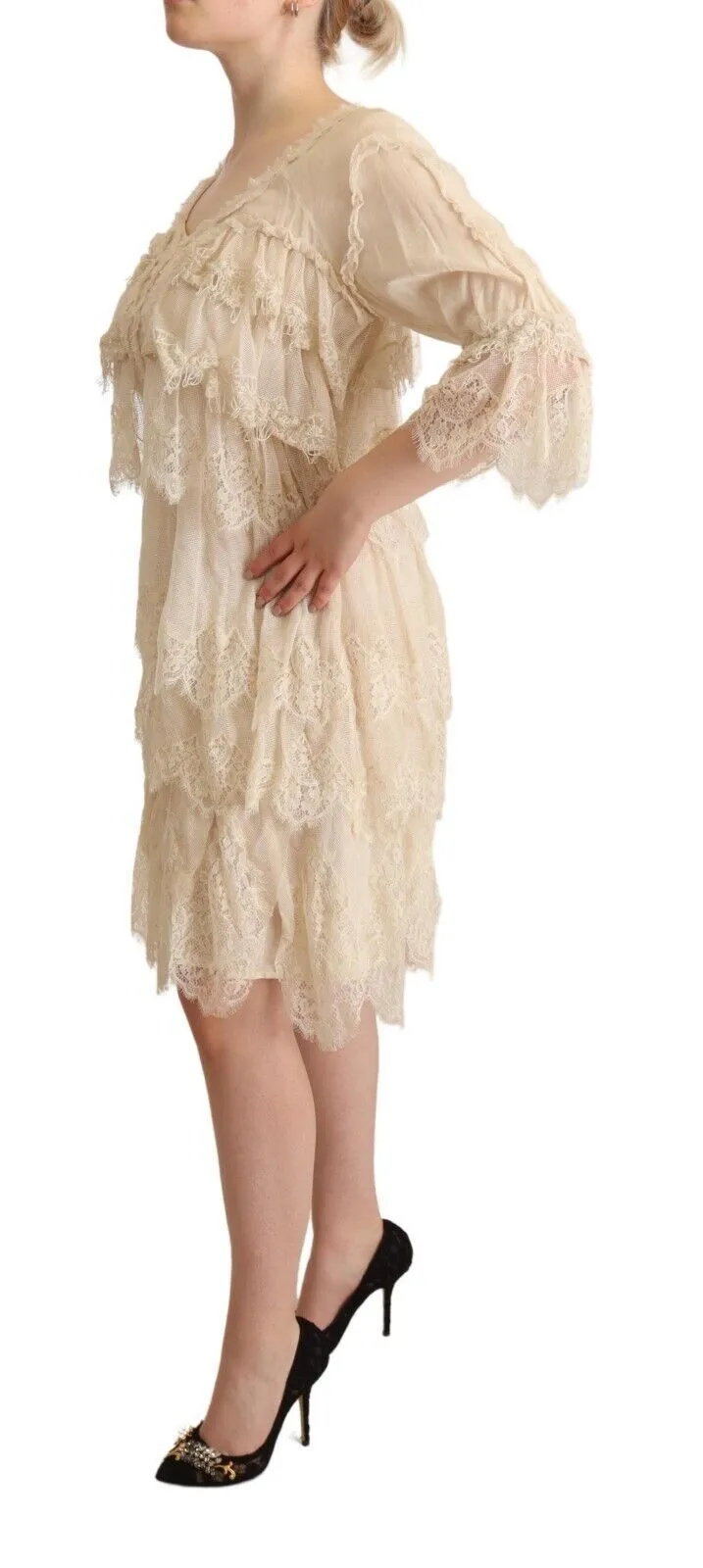 Twinset Women's Chic Beige Layered 3/4 Sleeve Dress