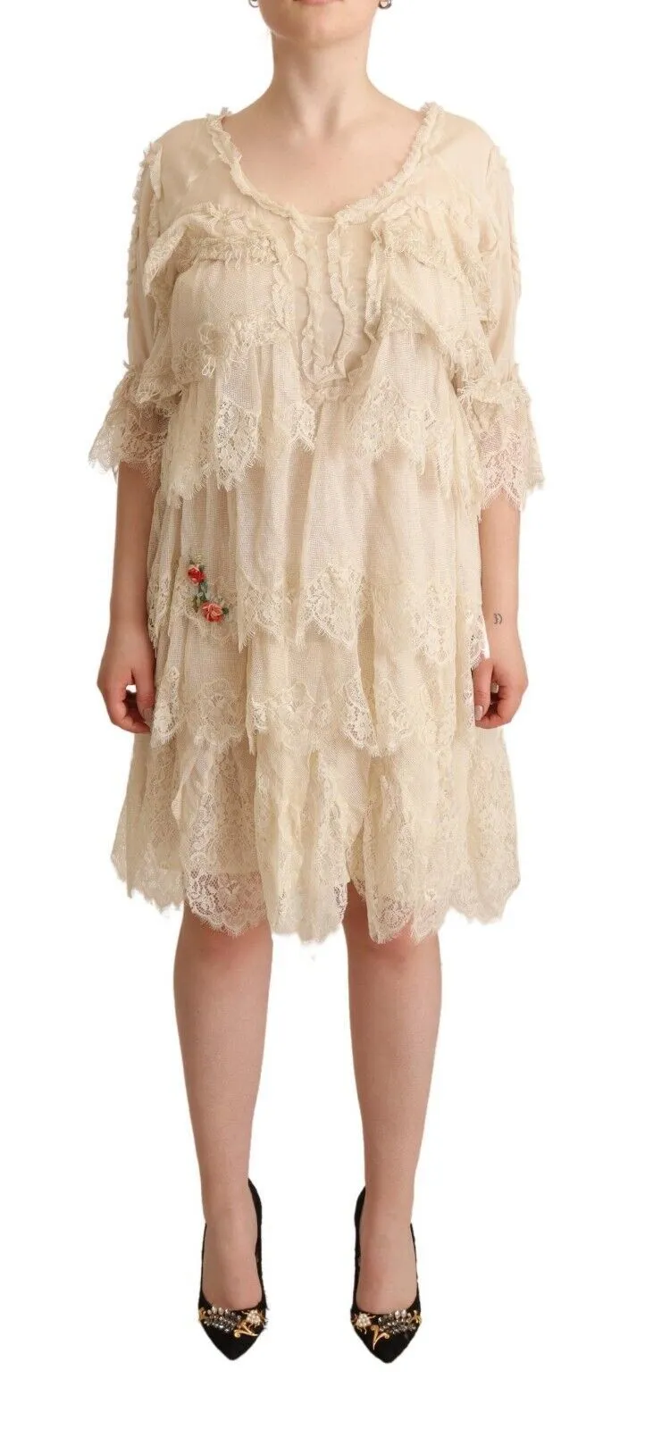 Twinset Women's Chic Beige Layered 3/4 Sleeve Dress
