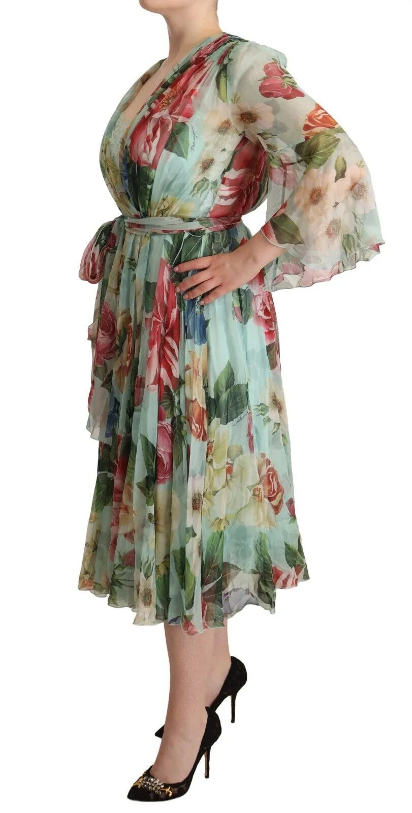Dolce & Gabbana Women's Elegant Floral Green Midi Silk Dress