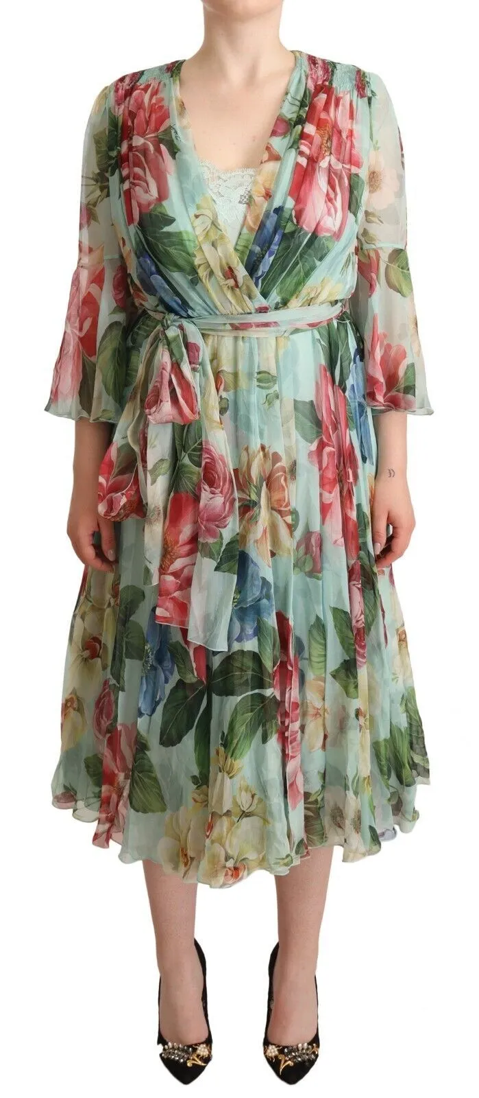 Dolce & Gabbana Women's Elegant Floral Green Midi Silk Dress