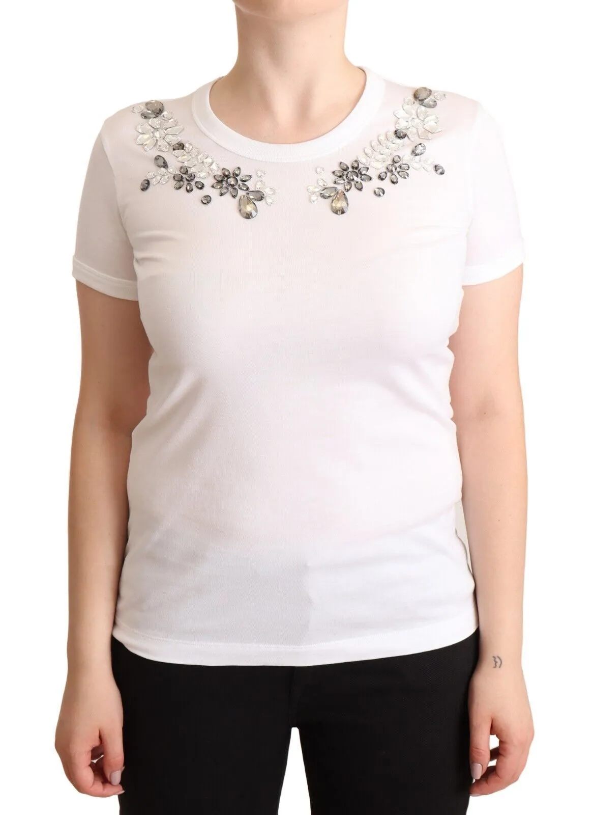 Dolce & Gabbana Women's Crystal-Embellished White Cotton Tee