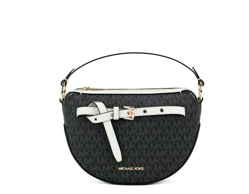 Michael Kors Women's Emilia Black White Signature PVC Small Half Moon Crossbody Handbag