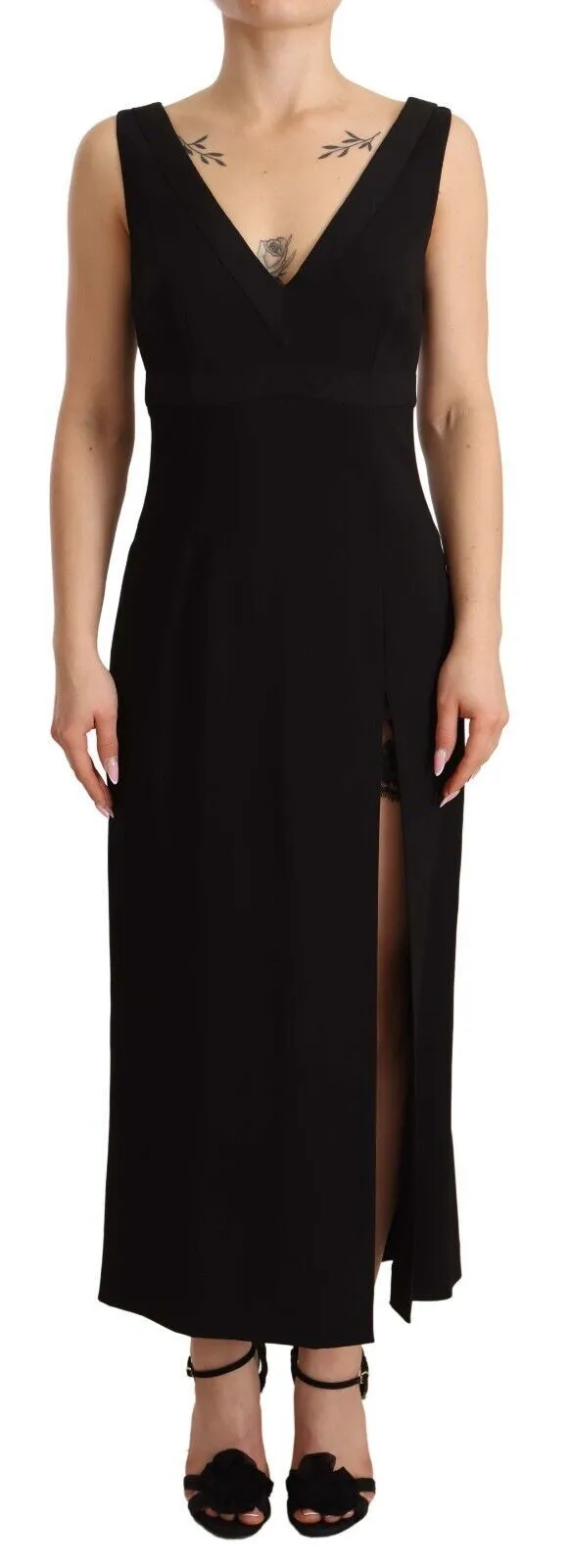 Dolce & Gabbana Women's Elegant Black V-Neck Sheath Midi Dress