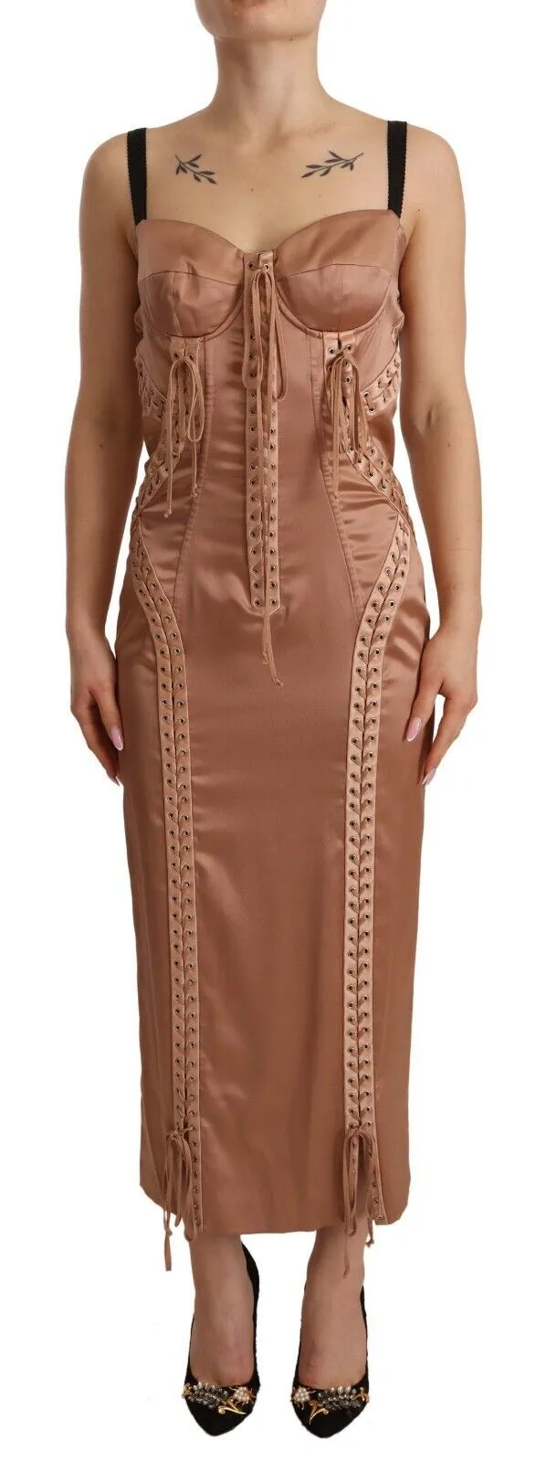 Dolce & Gabbana Women's Elegant Beige Corset Midi Silk Dress