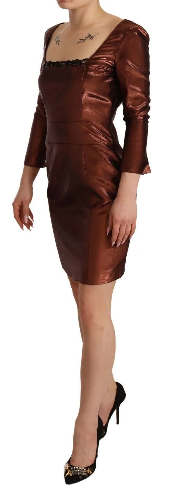 GF Ferre Women's Elegant Bronze Sheath Mini Dress with Square Neck