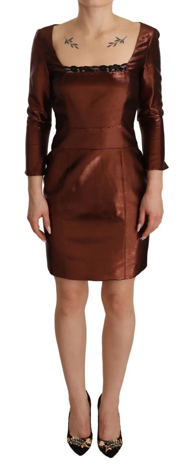 GF Ferre Women's Elegant Bronze Sheath Mini Dress with Square Neck
