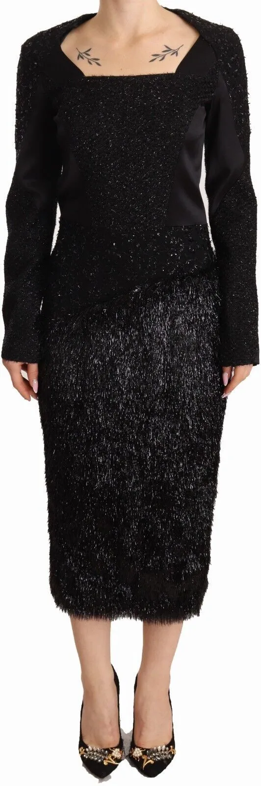 Masha Ma Women's Elegant Black Embellished Sheath Midi Dress