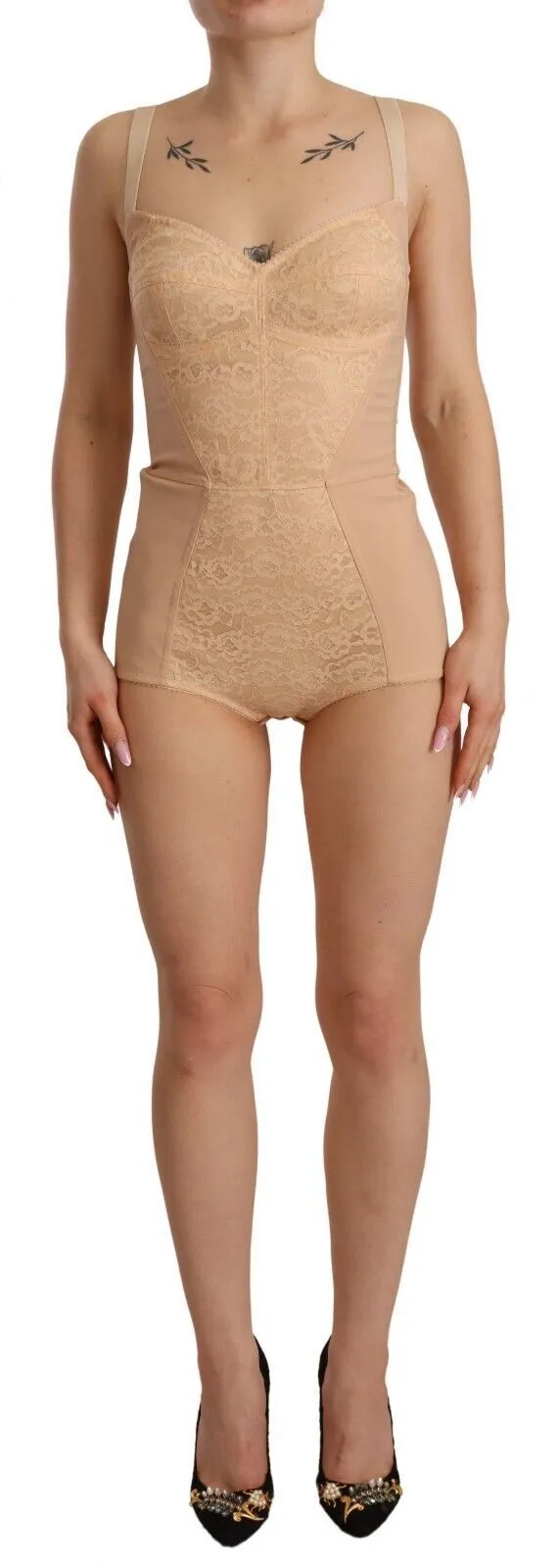 Dolce & Gabbana Women's Beige Lace Panel Stretch Bodysuit
