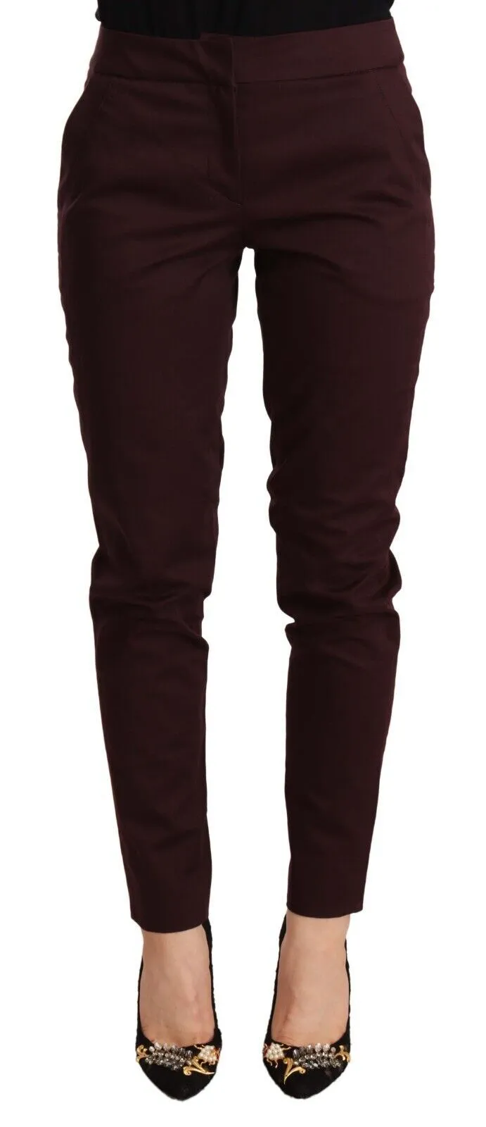 Just Cavalli Women's Maroon Slim Fit Skinny Pants with Zipper Detail