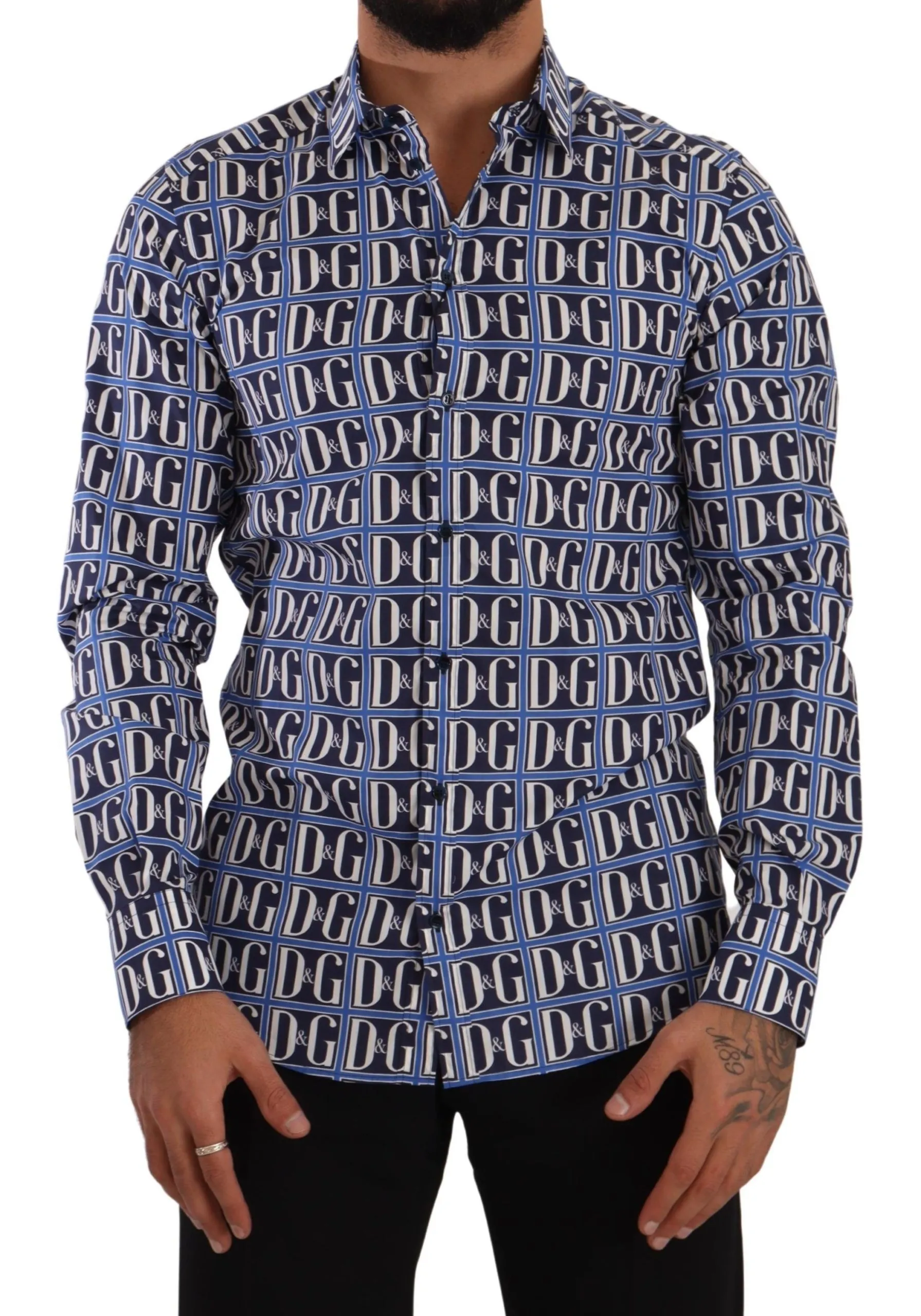 Dolce & Gabbana Men's Slim Fit Blue Logo Cotton Shirt