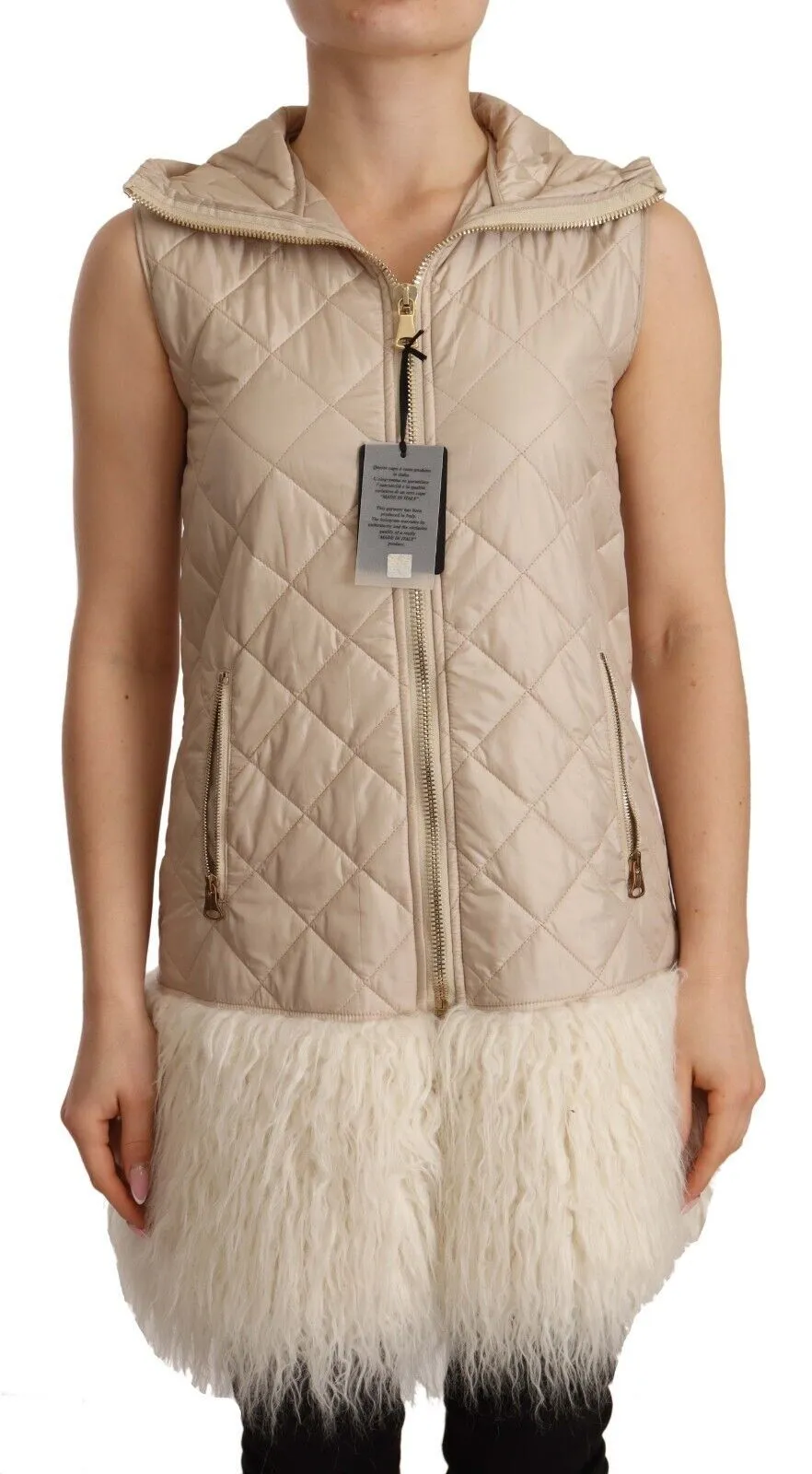 Ermanno Scervino Women's Beige Hooded Quilted Sleeveless Jacket