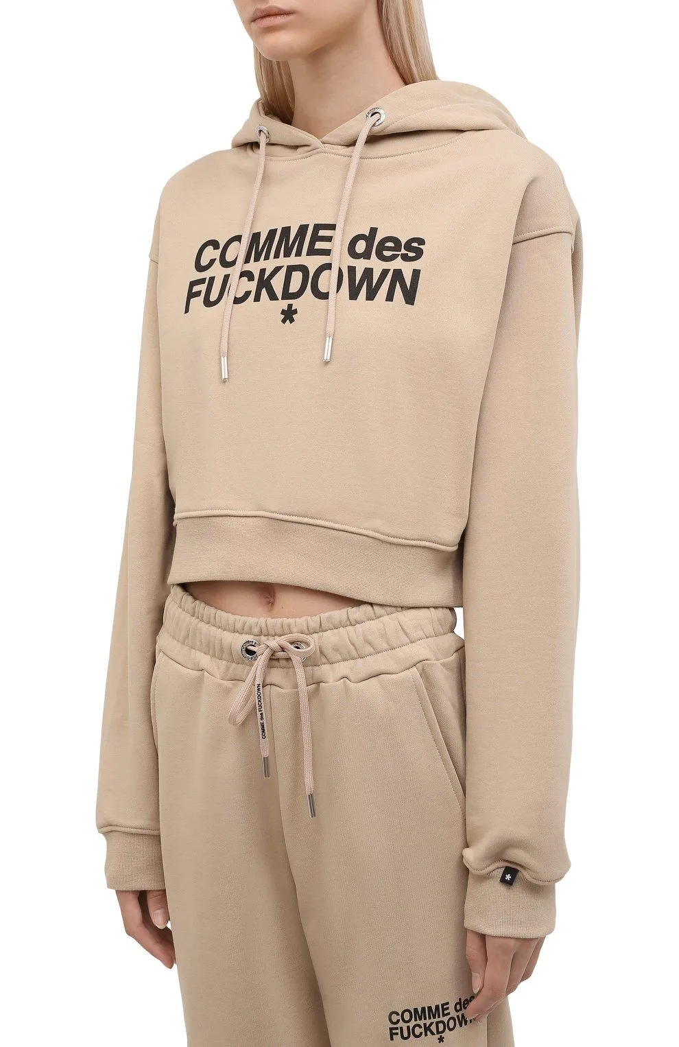 Comme Des Fuckdown Women's Beige Logo Print Hooded Sweatshirt