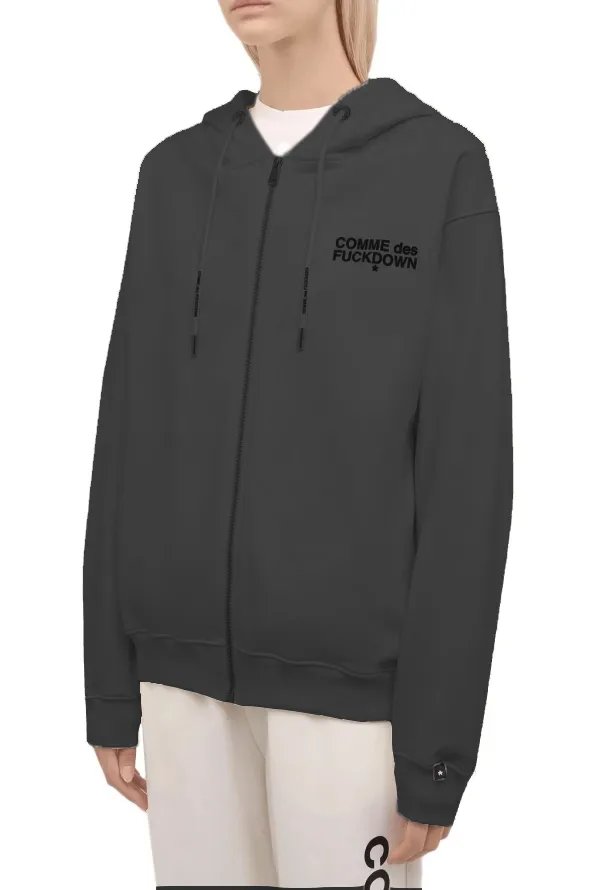 Comme Des Fuckdown Women's Chic Gray Logo Hooded Sweatshirt with Zip Closure