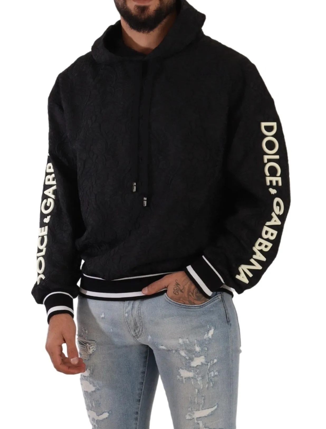 Dolce & Gabbana Men's Elegant Black Logo Detailed Hooded Sweatshirt
