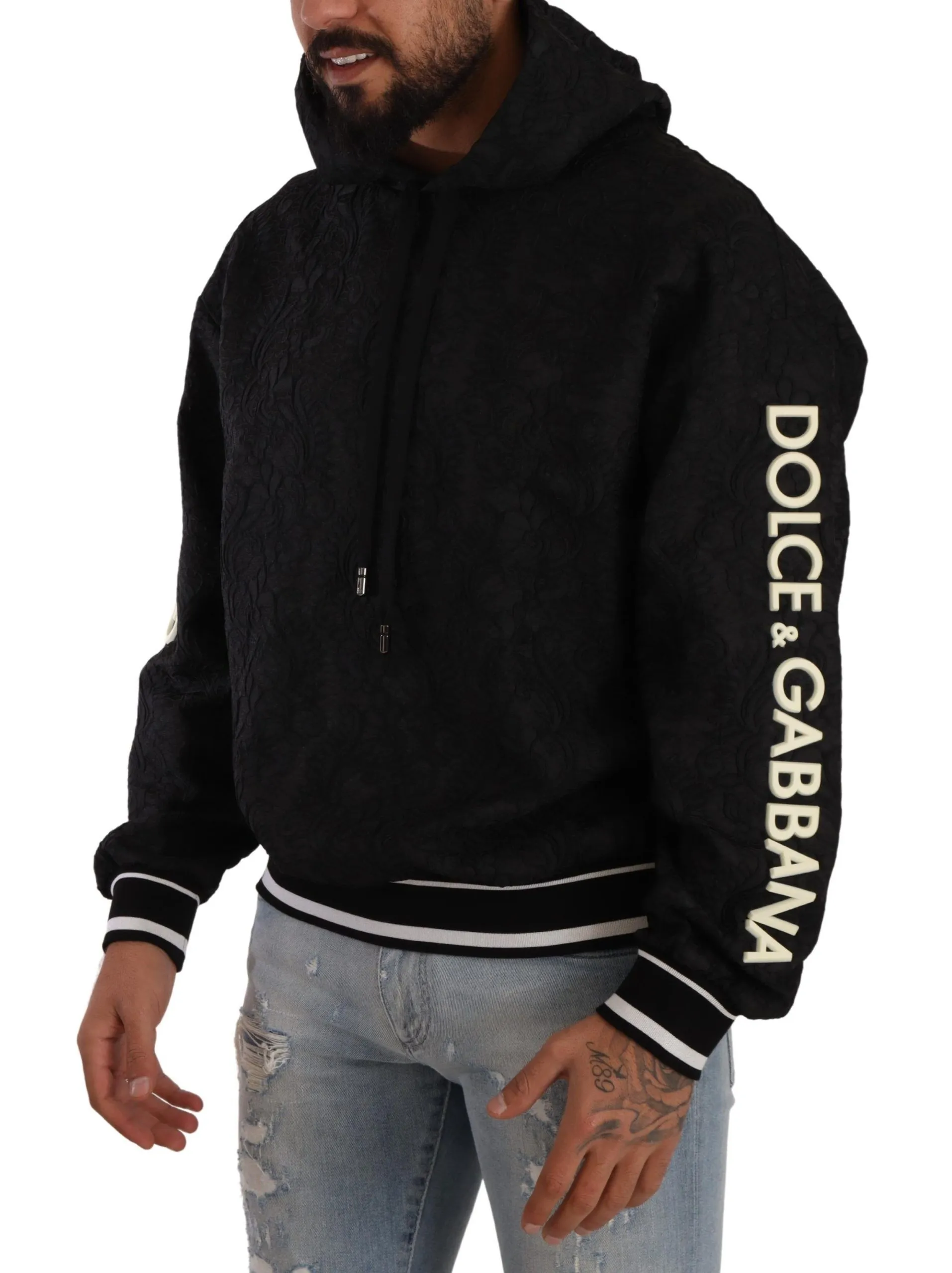 Dolce & Gabbana Men's Elegant Black Logo Detailed Hooded Sweatshirt