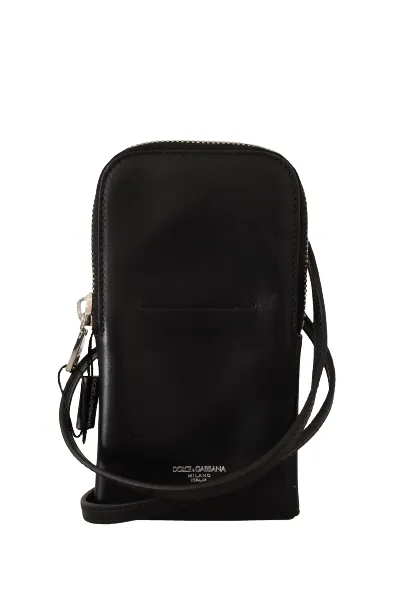 Dolce & Gabbana Men's Sleek Black Leather Phone Pocket Neck Strap