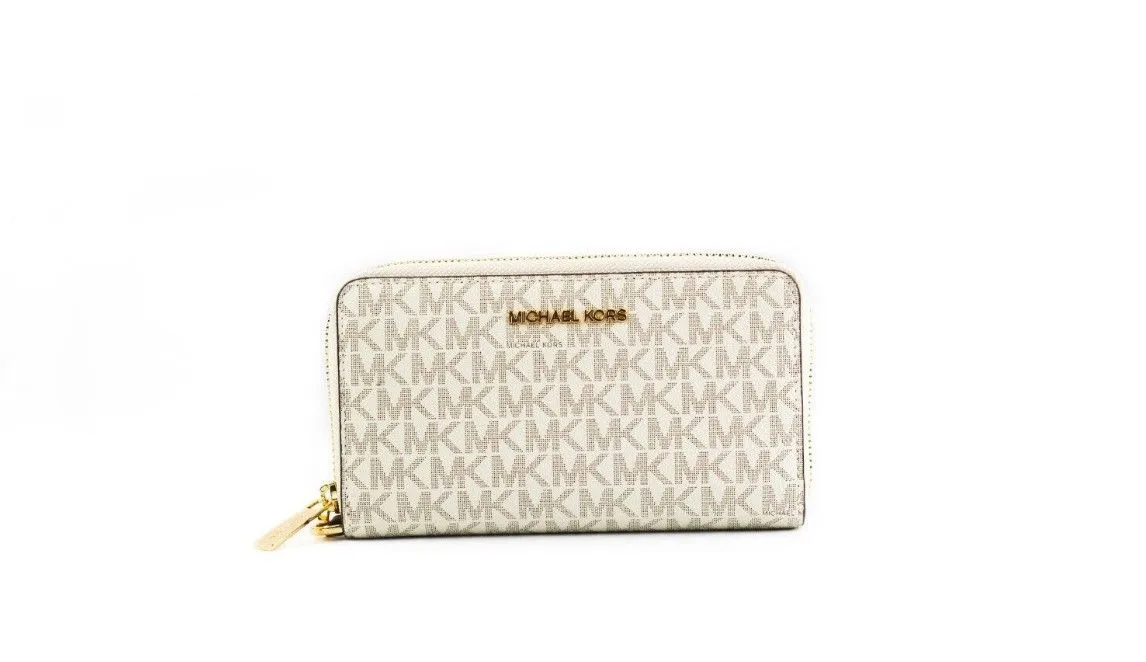 Michael Kors Women's Jet Set Large Vanilla Signature PVC Flat Multifunction Wrist Wallet