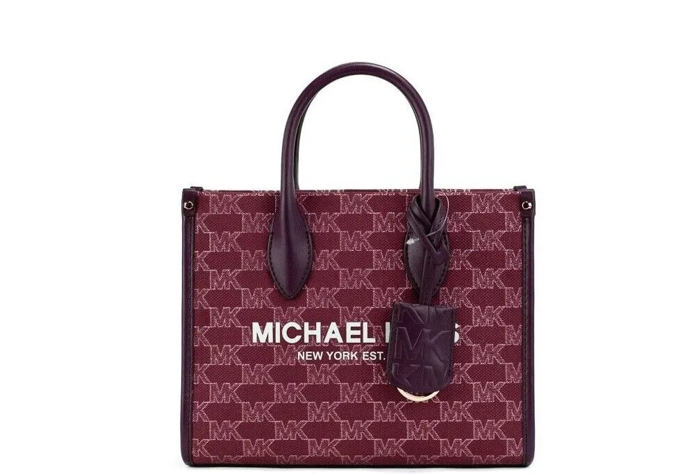 Michael Kors Women's Mirella Small Mulberry Canvas Top Zip Shopper Tote Crossbody Bag
