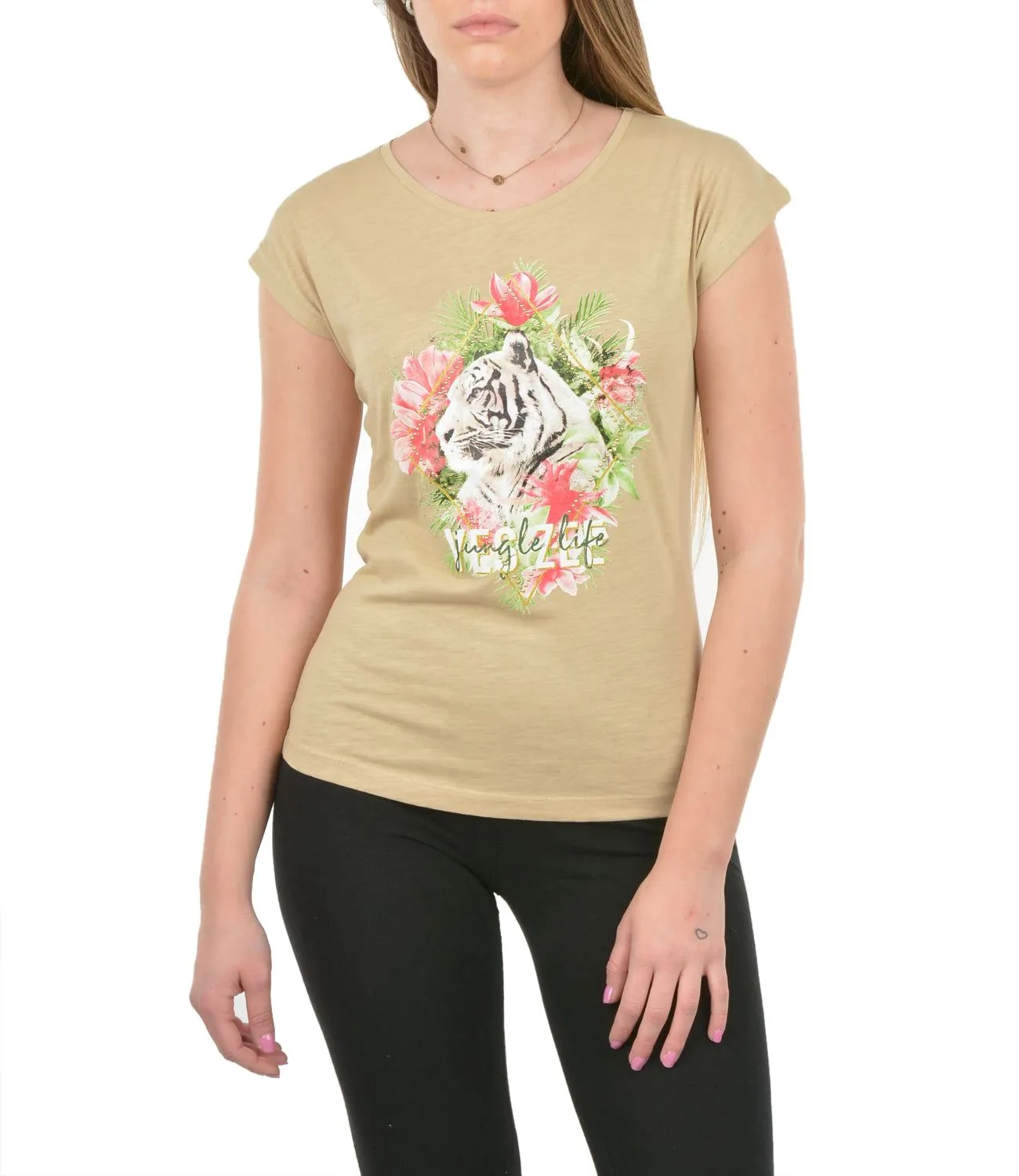 Yes Zee Women's Beige Tiger Print Tee with Brass Accents