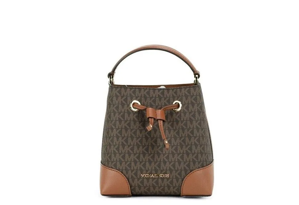 Michael Kors Women's Mercer Small Brown Signature Leather Bucket Crossbody Handbag Purse
