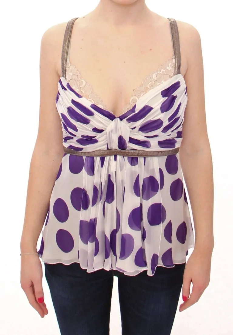 Dolce & Gabbana Women's Elegant Polka Dotted Silk Blouse with Leather Detailing