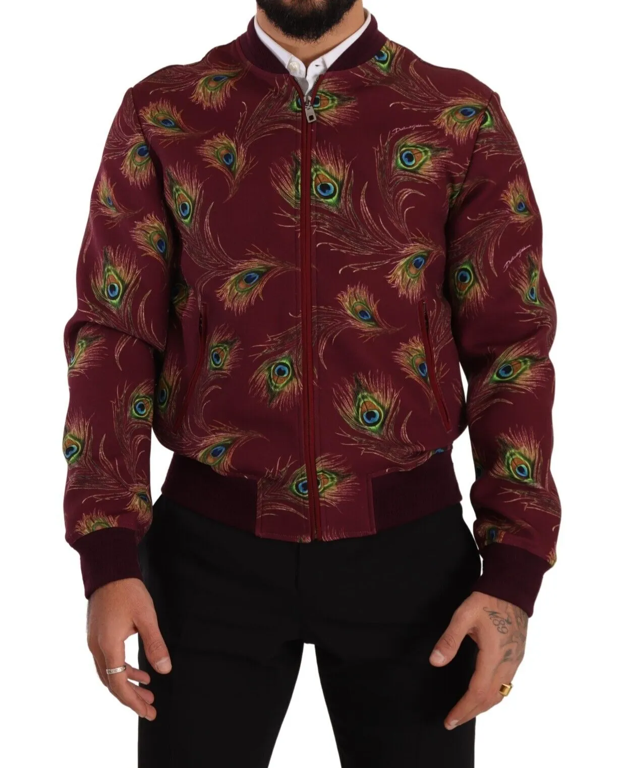 Dolce & Gabbana Men's Radiant Red Peacock Print Bomber Jacket