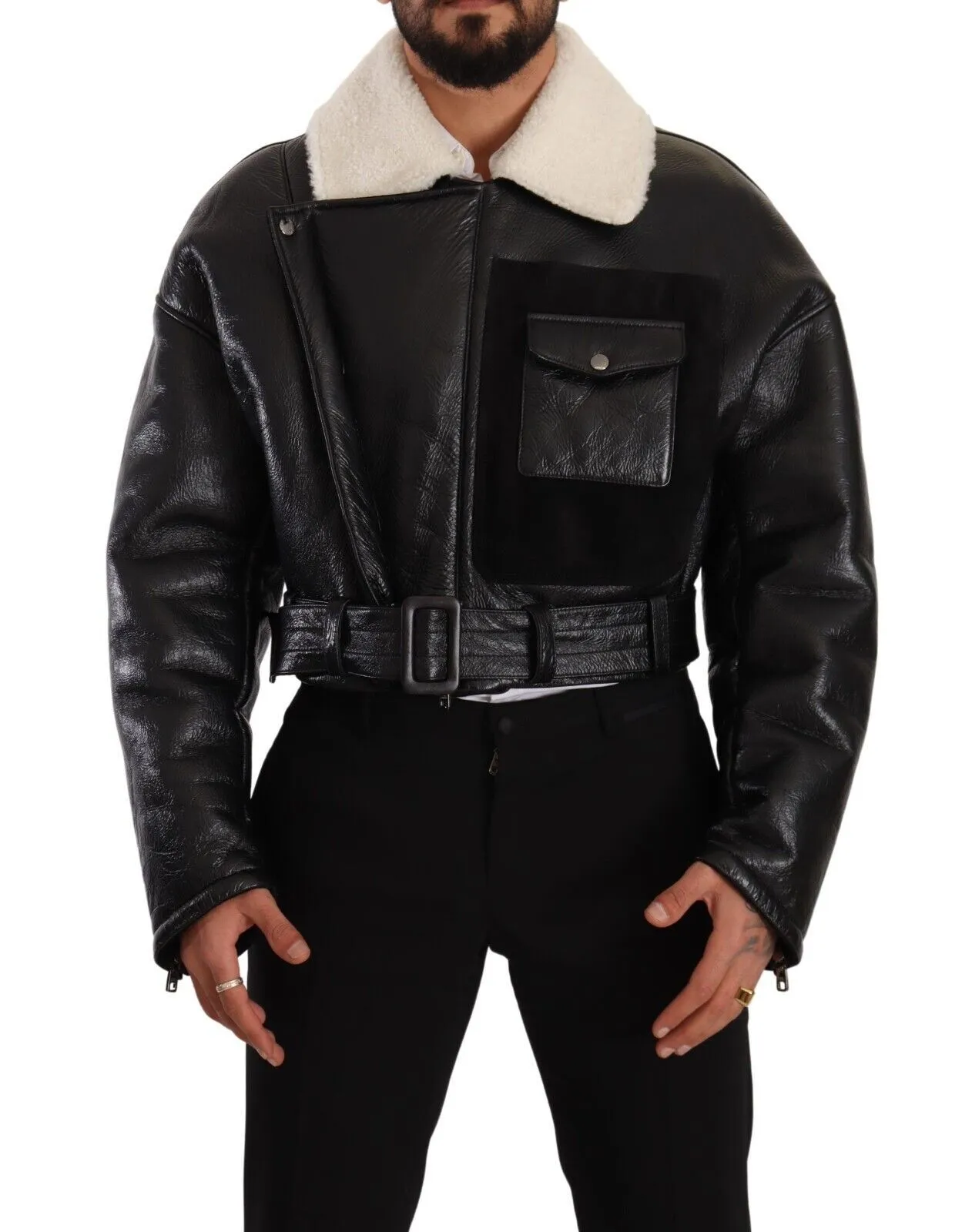 Dolce & Gabbana Men's Elegant Shearling Biker Jacket