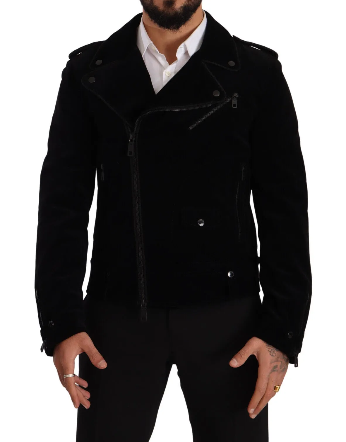 Dolce & Gabbana Men's Sleek Black Cotton Biker Jacket