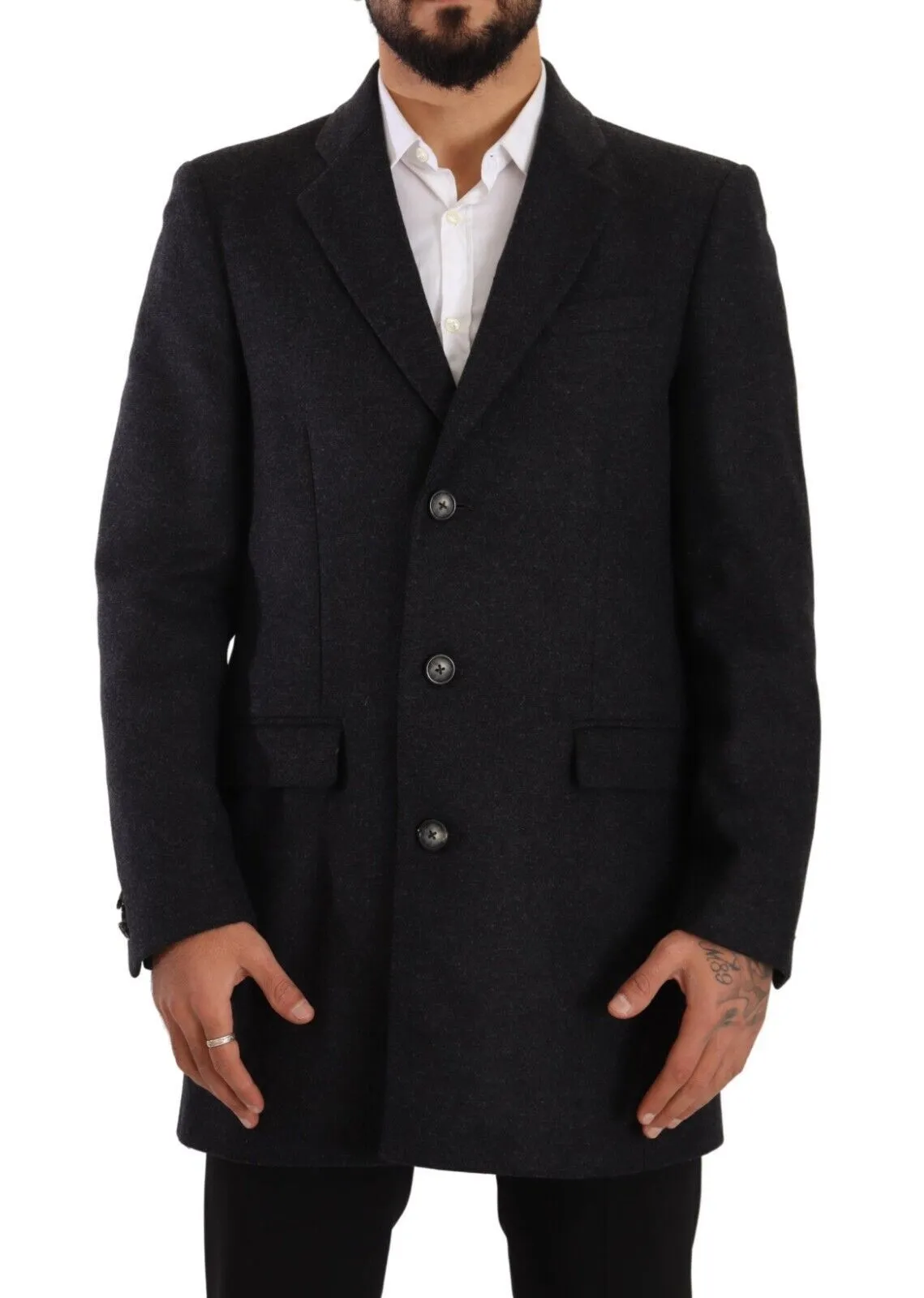 Dolce & Gabbana Men's Elegant Dark Grey Woolen Overcoat