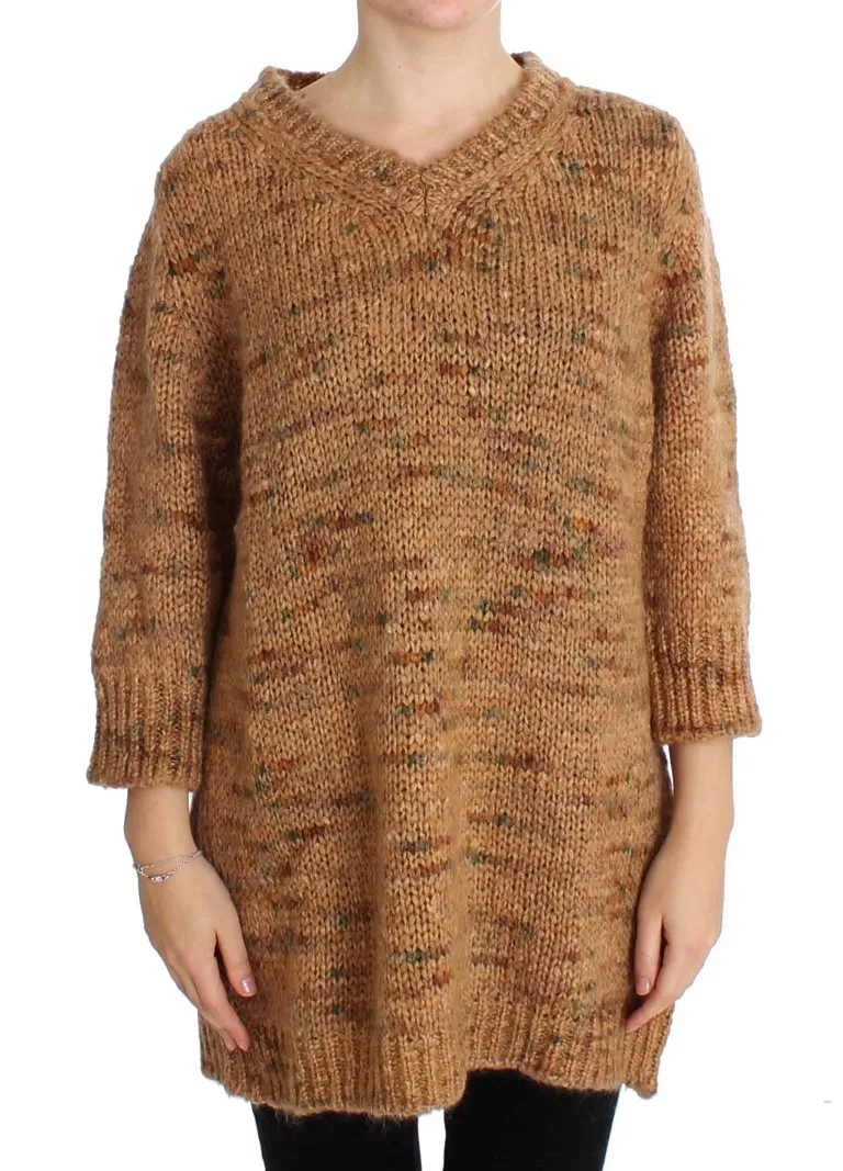 PINK MEMORIES Women's Chic Brown Oversize Knitted V-Neck Sweater