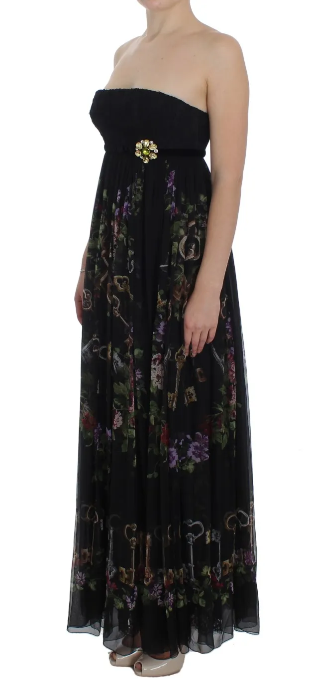 Dolce & Gabbana Women's Multicolor Rose & Key Print Maxi Dress with Crystal