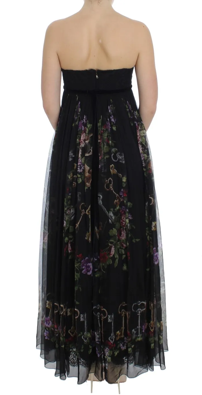 Dolce & Gabbana Women's Multicolor Rose & Key Print Maxi Dress with Crystal