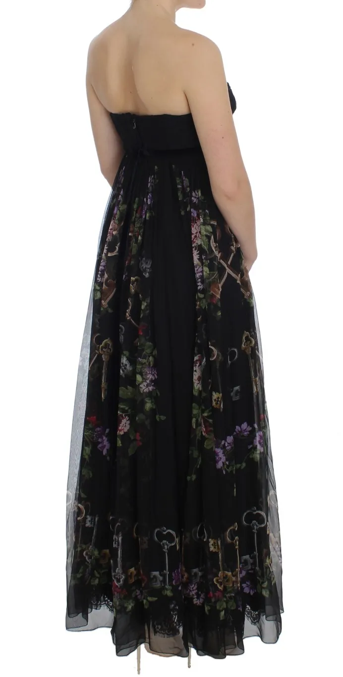 Dolce & Gabbana Women's Multicolor Rose & Key Print Maxi Dress with Crystal