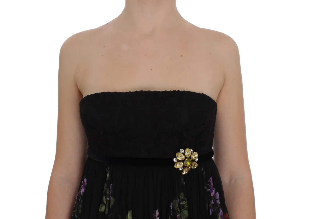 Dolce & Gabbana Women's Multicolor Rose & Key Print Maxi Dress with Crystal