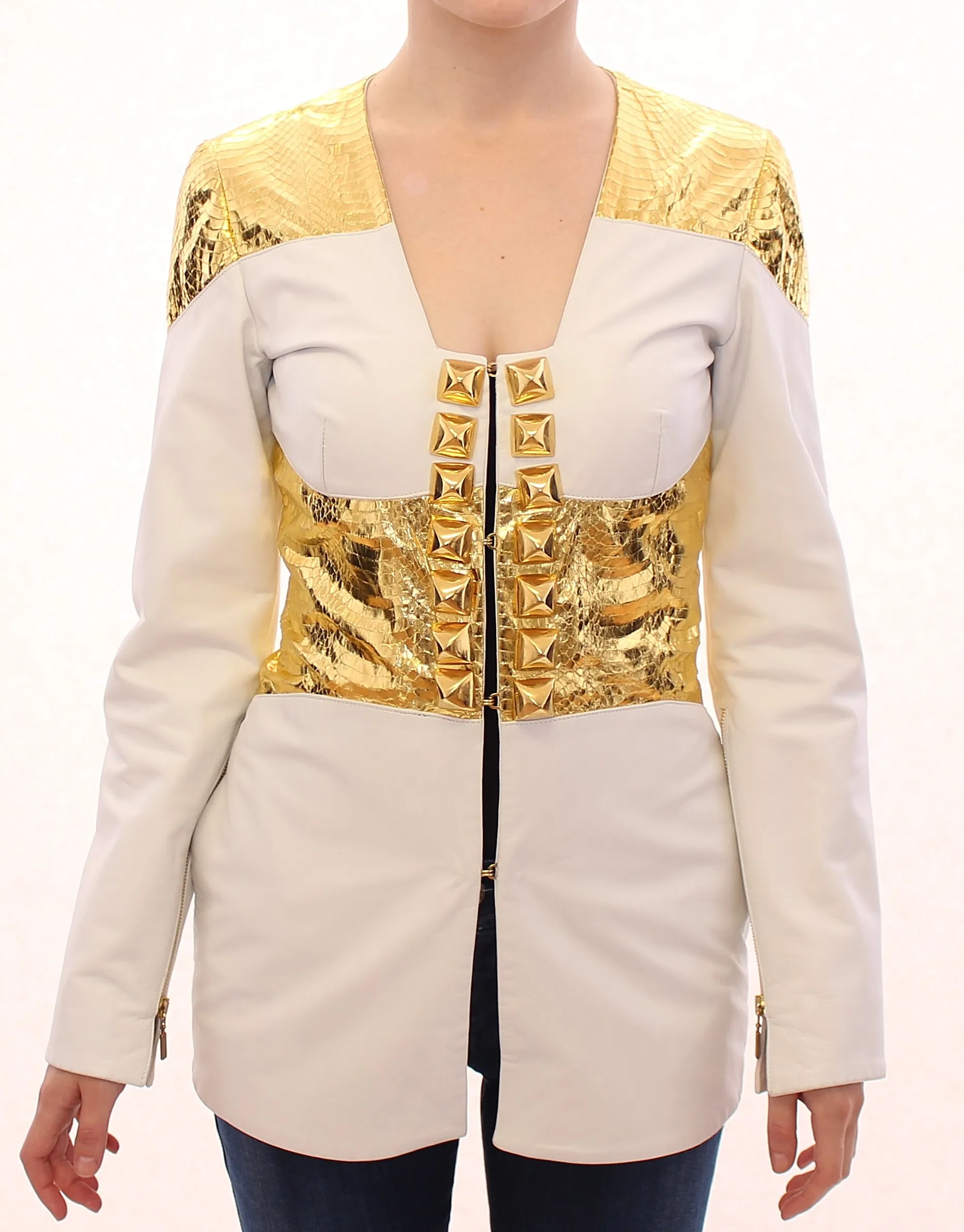 Vladimiro Gioia Women's Elegant White & Gold Leather Jacket