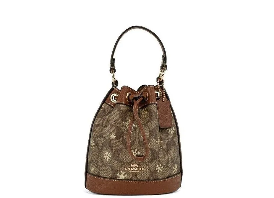 COACH Women's Dempsey 15 Small Snowflake Print Khaki Coated Canvas Bucket Bag