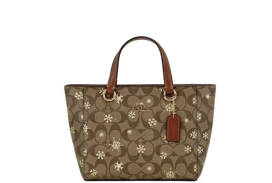 COACH Women's Alice Small Snowflake Print Khaki Canvas Satchel Handbag Purse