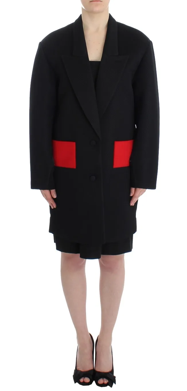 KAALE SUKTAE Women's Elegant Draped Long Coat in Black with Red Accents