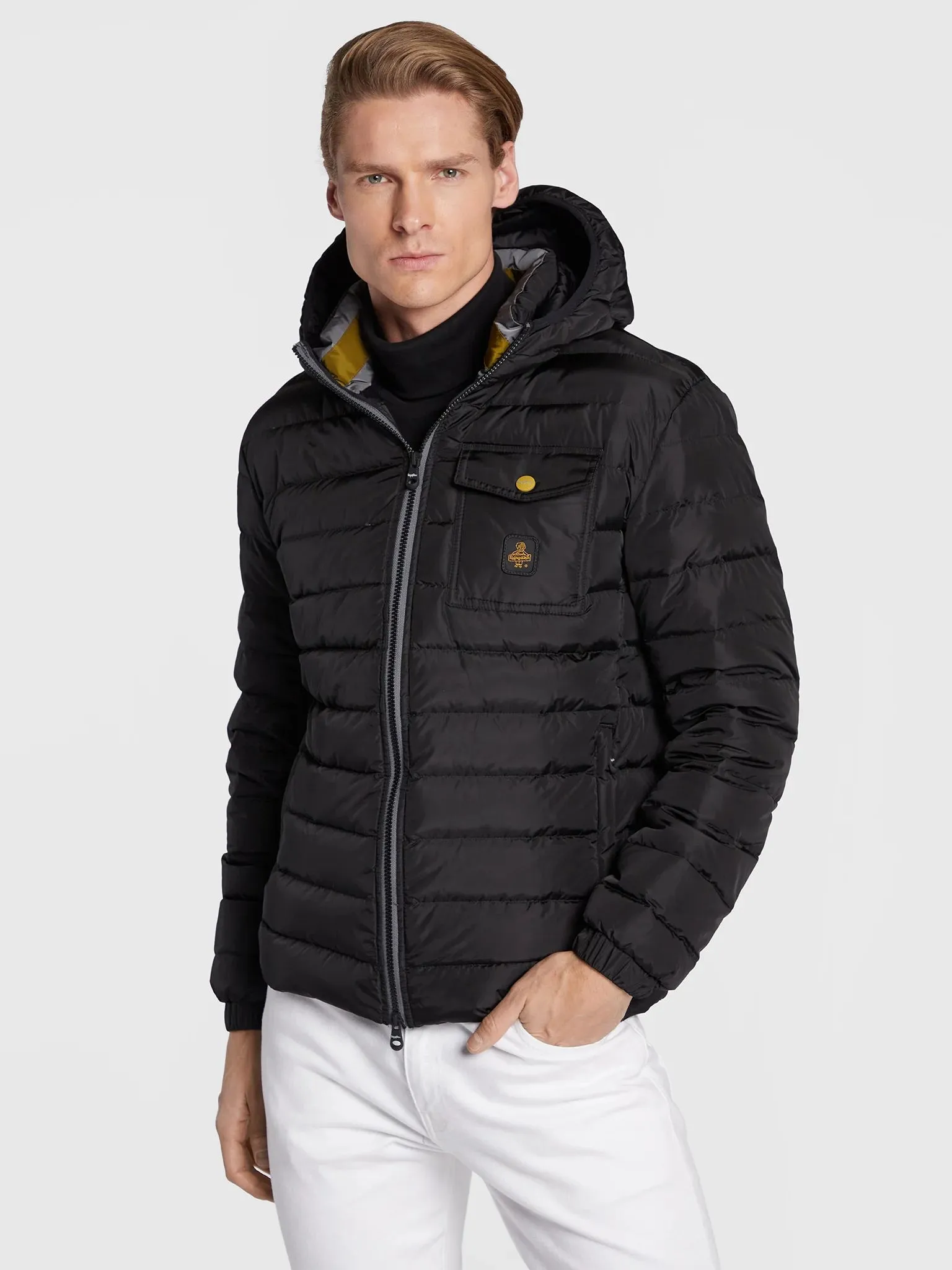 Refrigiwear Men's Elegant Black Hooded Down Jacket with Chic Olive Accent