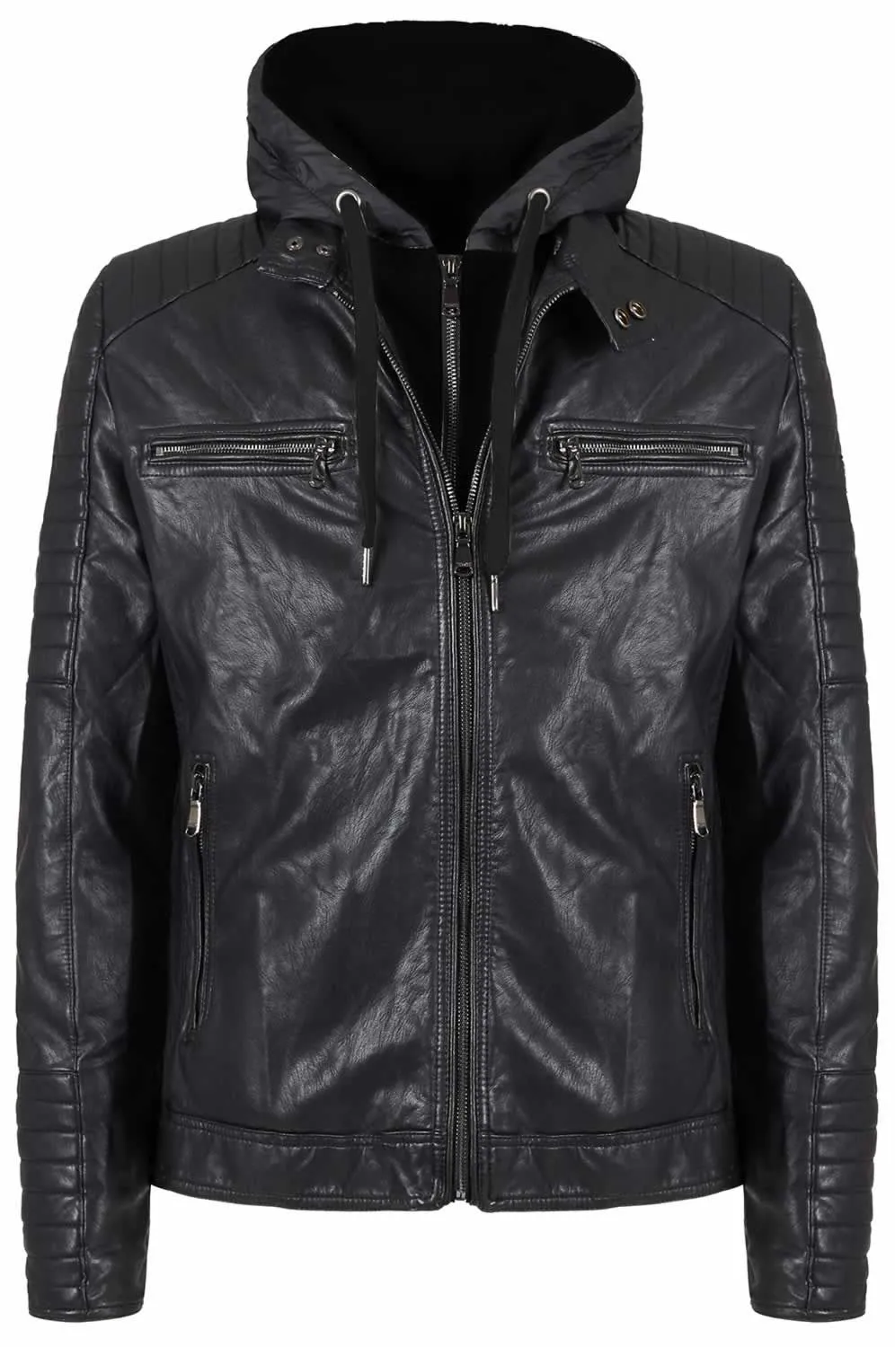 Yes Zee Men's Sleek Hooded Faux Leather Jacket