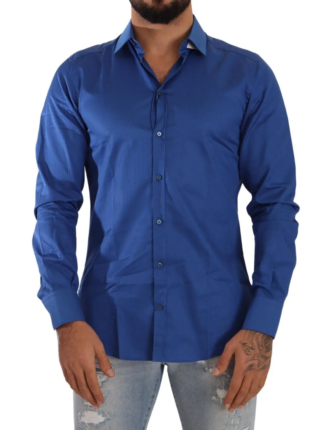 Dolce & Gabbana Men's Elegant Blue Martini Slim Fit Cotton Shirt